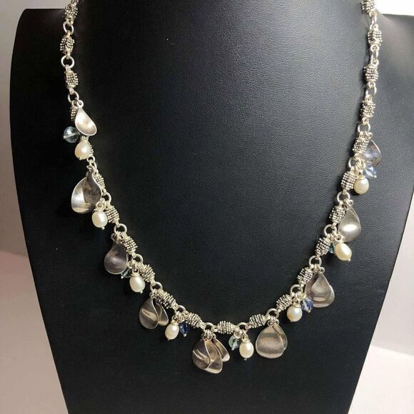 2067 Michael Dawkins Sterling 925 Pearl Blue Topaz Petal Necklace 20" 54.8grams - Picture 2 of 5